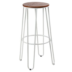 white hairpin leg bar stool hire with timber seat